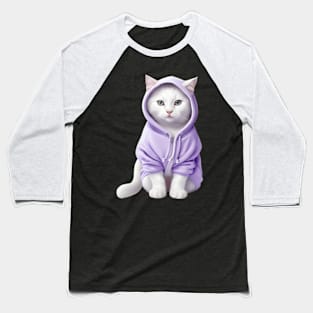 White British shorthair cat wearing purple hoodie Baseball T-Shirt